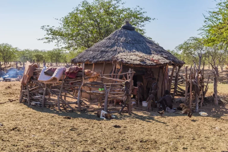 Himba people and dogs at a hut in their village.