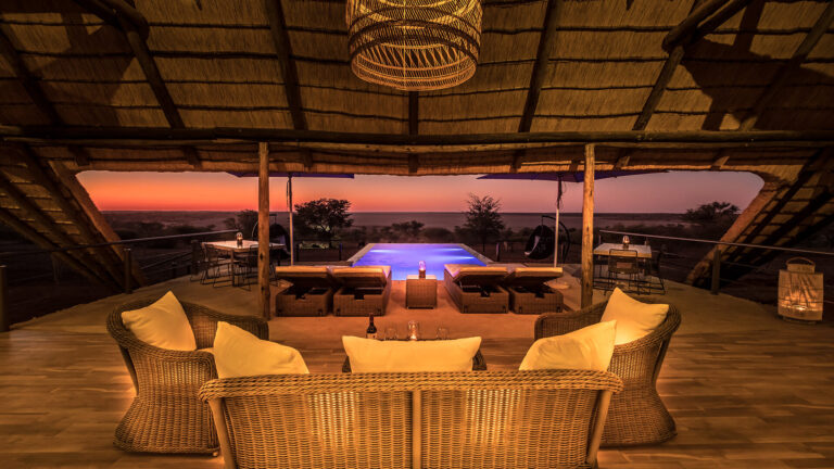 The seating and pool area at the Bagatelle Kalahari Game Ranch.