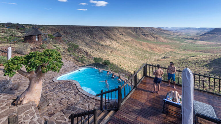 The swimming pool area overlooking the plain at the Grootberg Lodge.